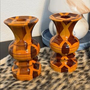 💎RARE💎2 Vintage TRUE MCM Inlaid Turned Wood Taper Candleholders